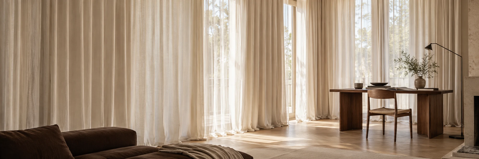 Rideaux ivoire et voilages dans la lumière d’un salon, collection NUITERA