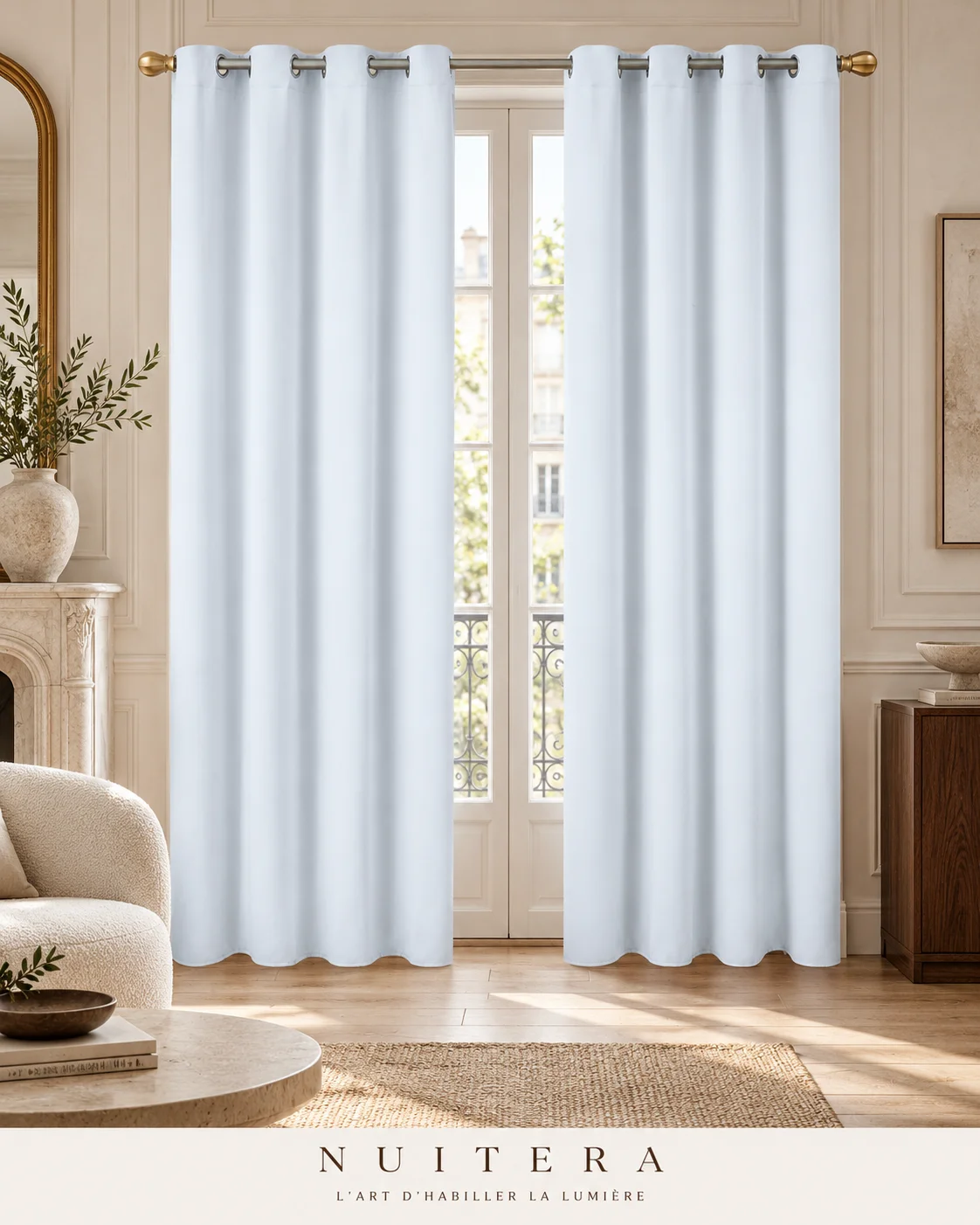 Paire de rideaux occultants blancs 140 × 240 cm — visuel d’ambiance NUITERA