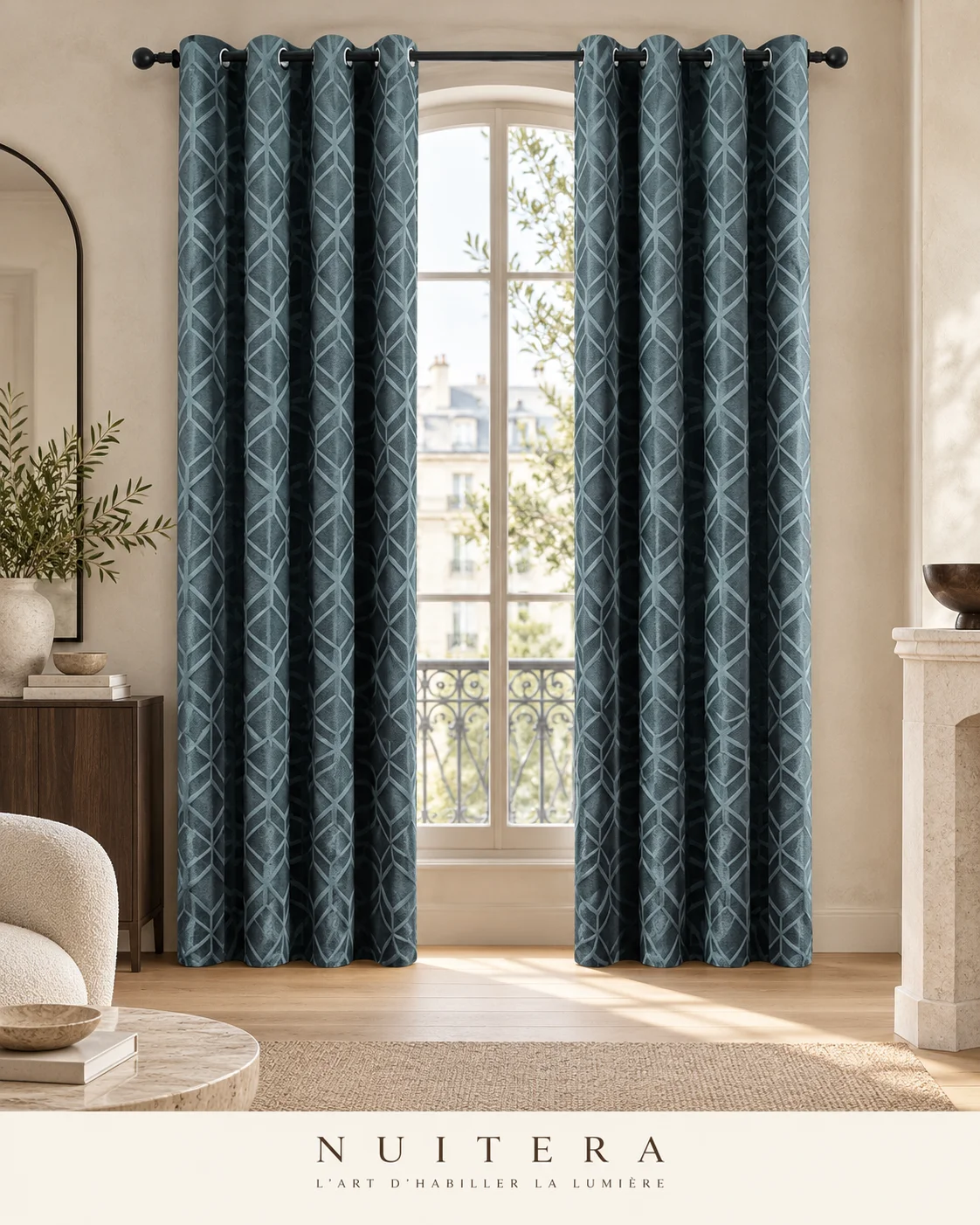 Rideau jacquard géométrique — visuel d’ambiance NUITERA