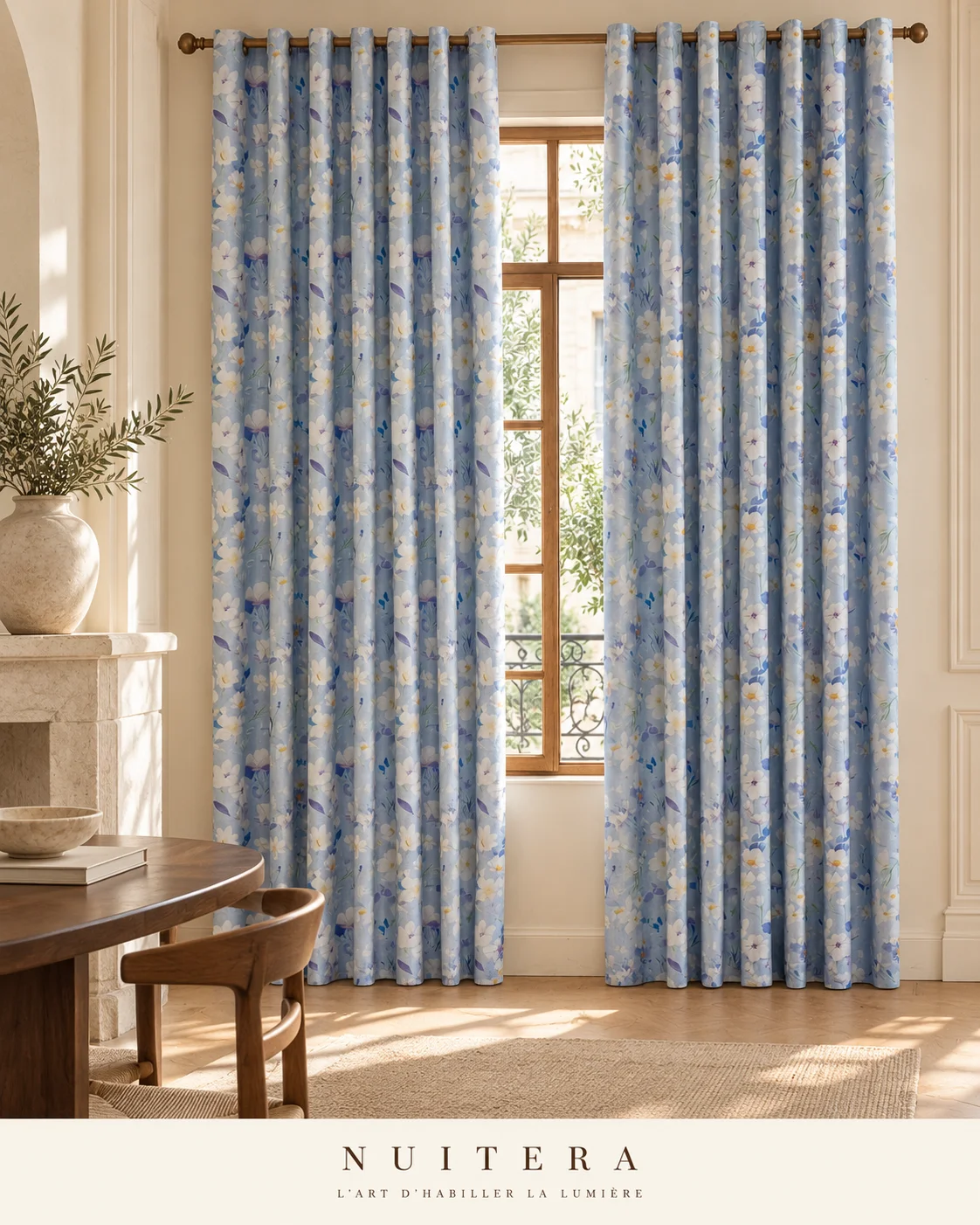 Rideau floral bleu — visuel d’ambiance NUITERA