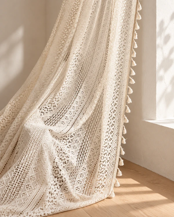 Rideau dentelle beige à franges